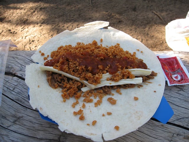 tortilla with refried beans and string cheese backpacking