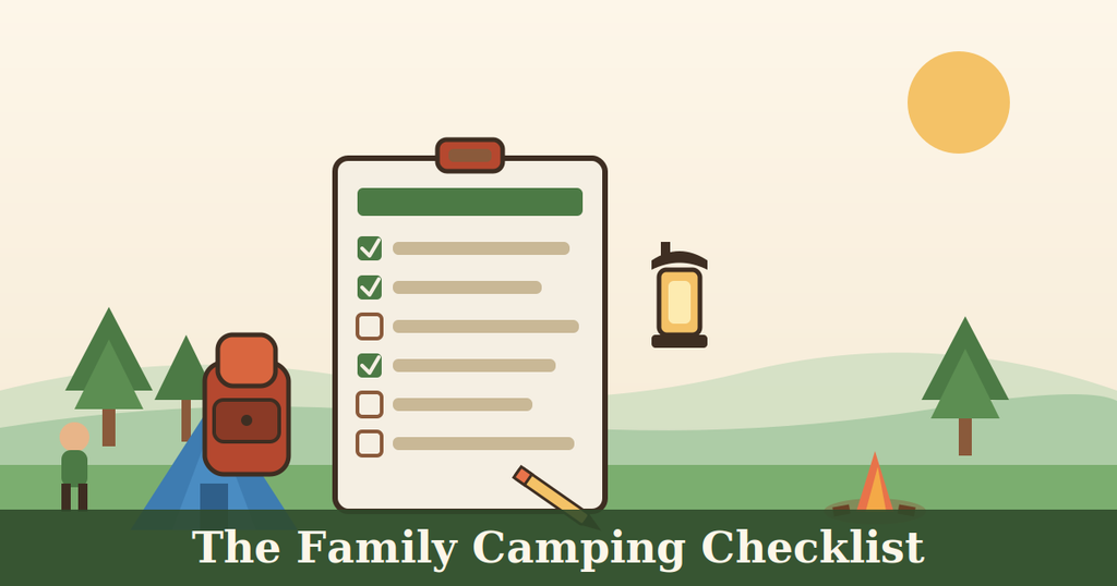 family-camping-checklist-featured - Mom Goes Camping Large clipboard checklist with green checkmarks beside a red backpack in a family camping scene.
